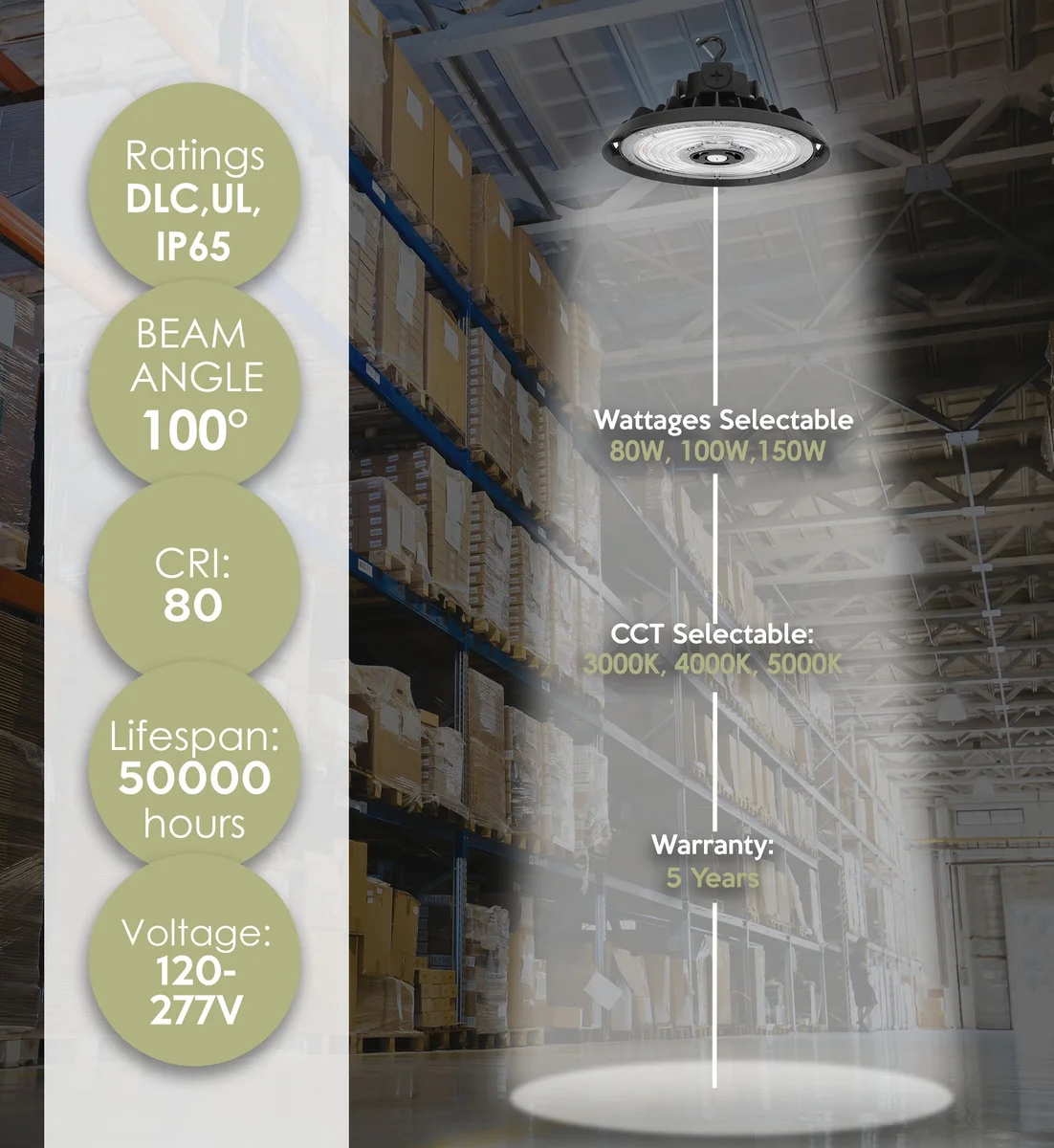 LED UFO High Bay, 22,500 Lumen Max, Wattage and CCT Selectable, Black, 120-277V - Image 2