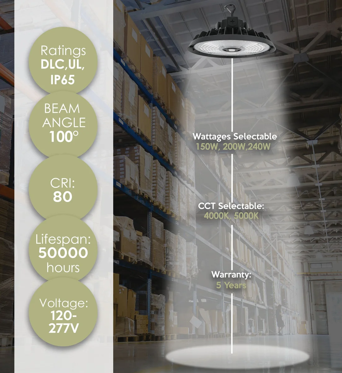 LED UFO High Bay, 36,000 Lumen Max, Wattage and CCT Selectable, Black, 120-277V - Image 2