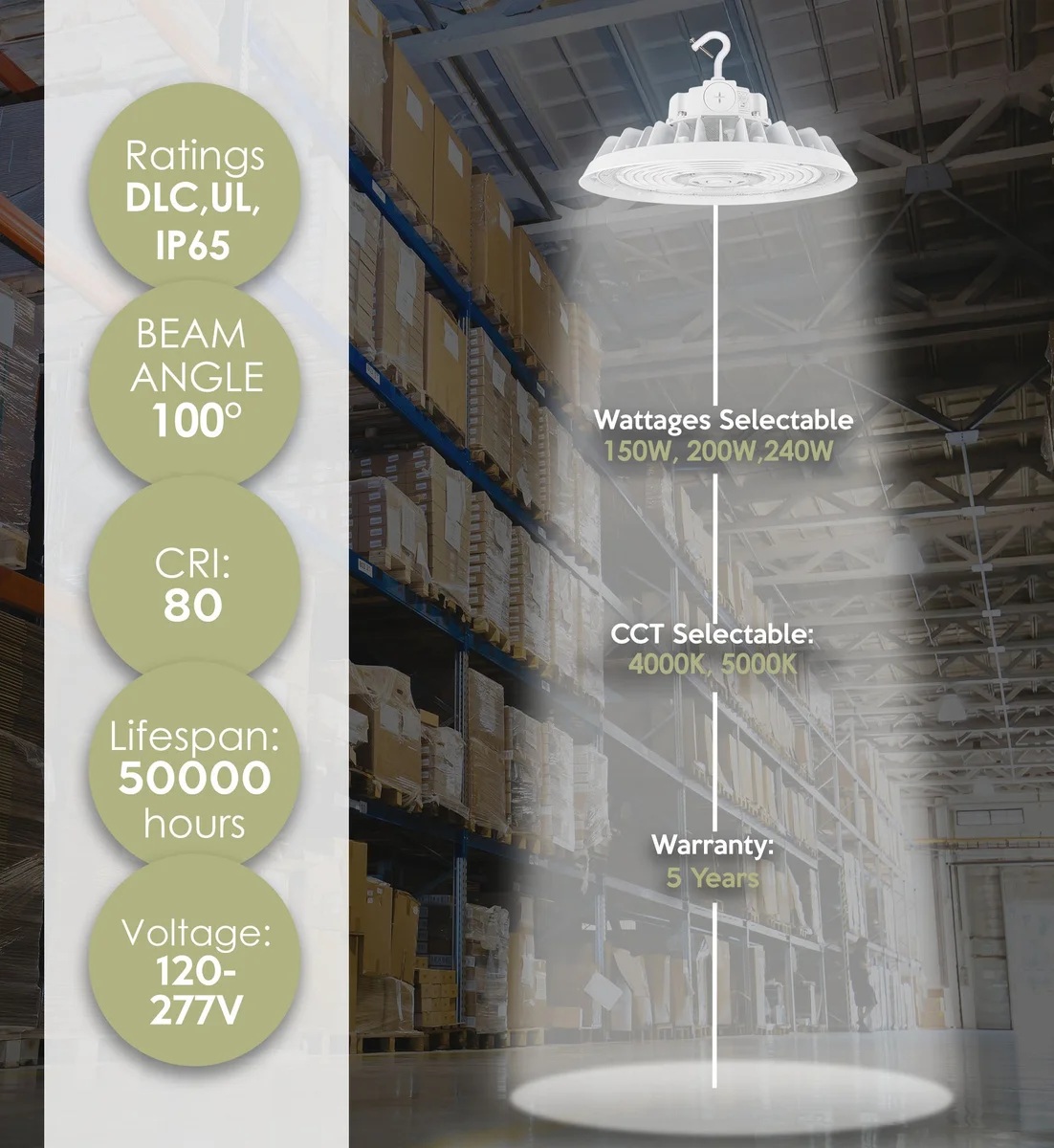 LED UFO High Bay, 36,000 Lumen Max, Wattage and CCT Selectable, White Finish, 120-277V - Image 2